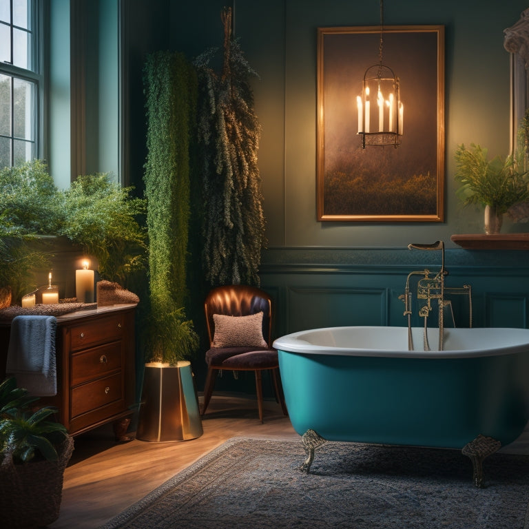 A serene, candlelit bathroom with a freestanding tub, surrounded by lush greenery and plush towels, featuring a comfortable reading nook with a velvet armchair and a floor lamp.