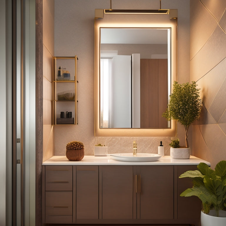 A sleek, modern bathroom featuring a large, illuminated mirrored cabinet above a contemporary sink. Soft, warm lighting creates a cozy ambiance, with elegant tiles and stylish accessories enhancing the chic atmosphere.