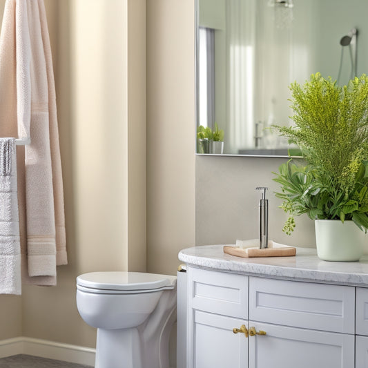 A serene bathroom with a sleek, wall-mounted corner shelf cabinet in a polished chrome finish, holding a few rolled towels and a small potted plant, against a soft grey and white marble background.