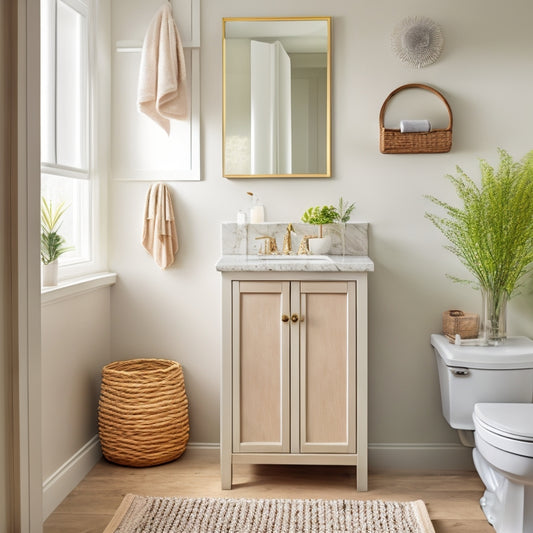 A serene, modern small bathroom with a wall-mounted cabinet, a pedestal sink with built-in storage, and a woven basket beneath the vanity, all in calming whites and creams, with natural light pouring in.