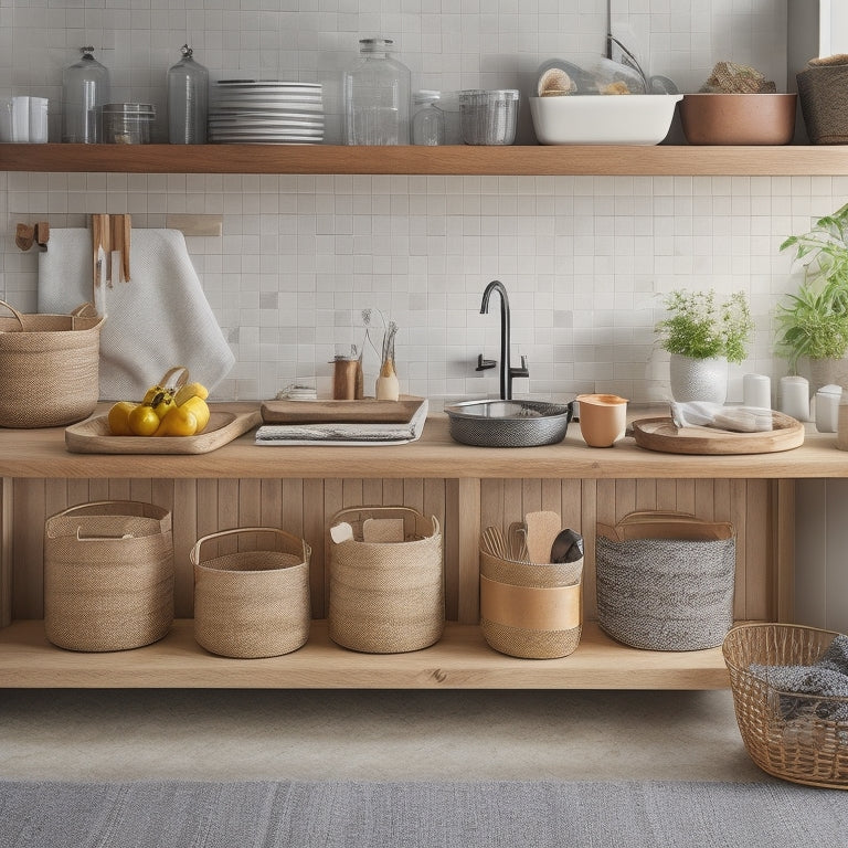 A tidy, modern kitchen countertop with a few strategically placed storage bins, baskets, and trays in a harmonious blend of wood, metal, and ceramic, surrounded by a few carefully arranged kitchen essentials.