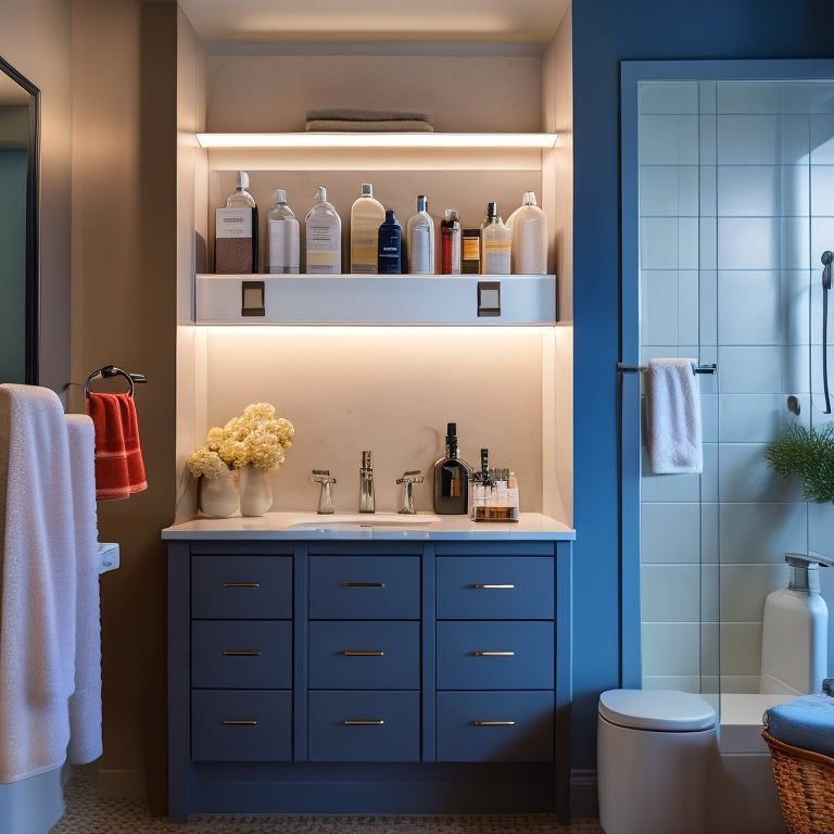 A well-lit, modern bathroom with a wall-mounted cabinet featuring slide-out drawers, baskets, and shelves, showcasing organized toiletries, towels, and beauty products in a clean and clutter-free space.