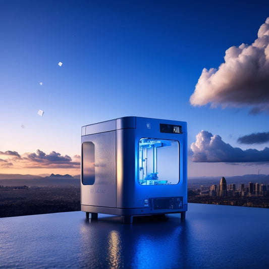 A futuristic, high-contrast image featuring a sleek, silver 3D printer with glowing blue accents, surrounded by swirling clouds of white and gray particles, with a subtle cityscape in the background.