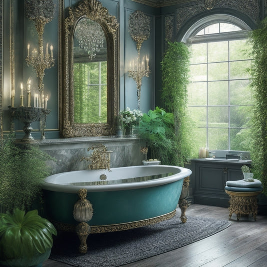 A serene bathroom scene featuring a large, ornate mirror above a freestanding tub, surrounded by lush greenery and adorned with a stunning chandelier, and three unique wall decor pieces.