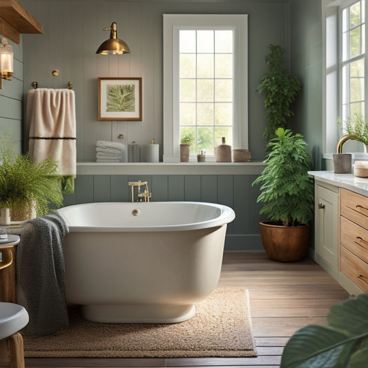 A soft, warm light illuminates a serene bathroom featuring a calming blend of creamy whites, gentle blues, and natural wood tones, with lush greenery and a freestanding tub surrounded by pebbles.