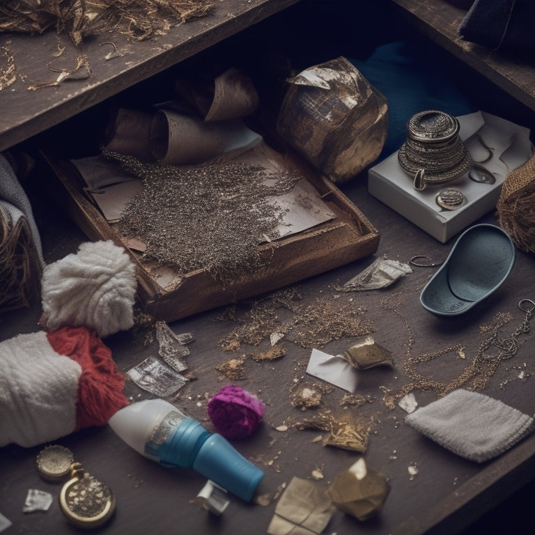 A chaotic drawer interior with tangled jewelry, crumpled papers, and scattered cosmetics, surrounded by dusty, crushed, and broken items, with a few lost socks and a lonely, forgotten earring.