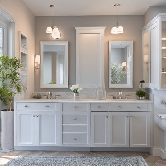 A bright, modern bathroom with three different white wall cabinets featuring mirrors, each with distinct designs and sizes, against a soft gray background, with subtle lighting and gentle shadows.