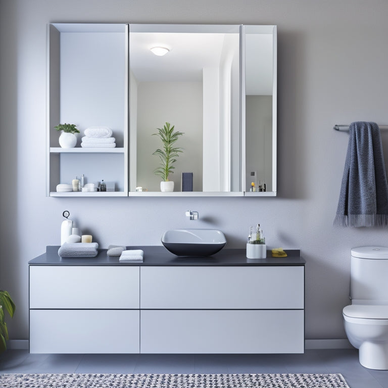 A modern, minimalist bathroom with white walls, dark grey floor, and a large mirror above a sink, featuring three floating chrome wall shelves with rolled towels and decorative glass vases.