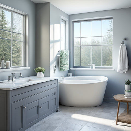 A serene bathroom scene with a freestanding tub centered, surrounded by sleek gray tiles, and a modern chrome faucet, with a subtle hint of natural light pouring in from the adjacent window.