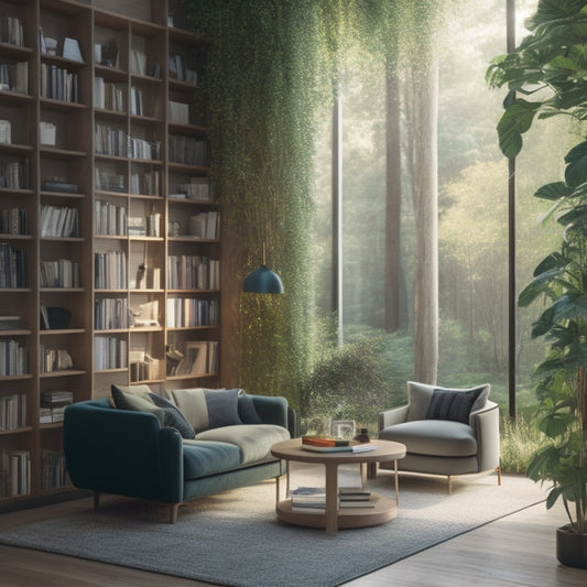 A serene, modern home library with floor-to-ceiling bookshelves, a plush reading nook, and a minimalist wooden desk, illuminated by a floor lamp and surrounded by lush greenery.