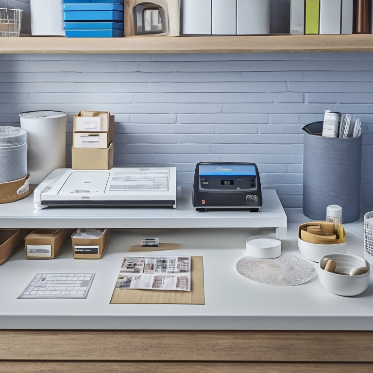 A tidy, minimalist workspace with a vinyl label maker, a roll of white vinyl, and a few neatly arranged labels on a wooden desk, surrounded by organized storage bins and a few rolled-up papers.