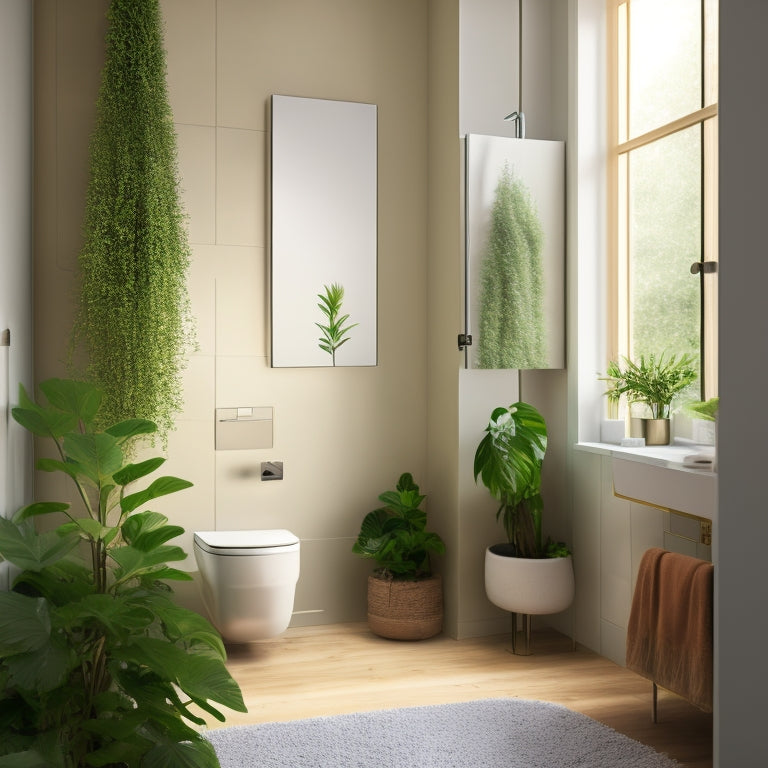 A serene, minimalist small bathroom with a wall-mounted sink, a compact toilet, and a walk-in shower with a rain showerhead, surrounded by calming greenery and soft, warm lighting.