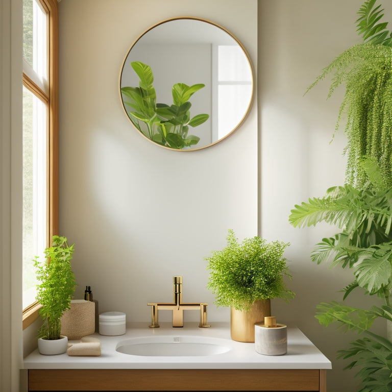 A sleek, wall-mounted minimalist bathroom vanity in a small space, featuring a light wood finish, a round mirror above, potted greenery, and soft natural light filtering through a frosted window.