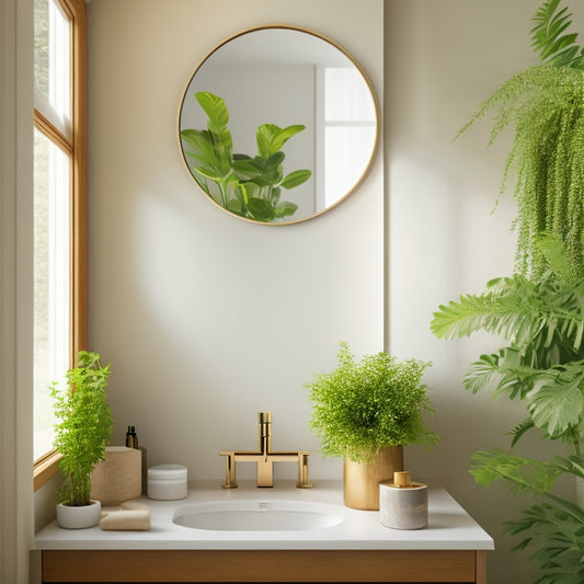 A sleek, wall-mounted minimalist bathroom vanity in a small space, featuring a light wood finish, a round mirror above, potted greenery, and soft natural light filtering through a frosted window.