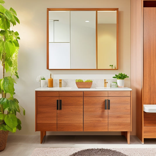 A modern bathroom featuring sleek, minimalist drawer systems in warm wood tones, organized with elegant storage solutions, surrounded by soft ambient lighting, a large mirror reflecting contemporary fixtures, and lush greenery for a serene touch.