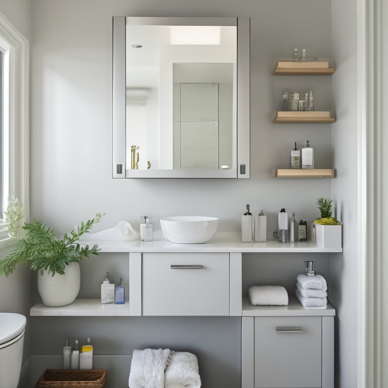 A modern bathroom with a sleek, mounted medicine cabinet above a sink, surrounded by neatly organized toiletries and decorative accessories, with a subtle gray and white color scheme.
