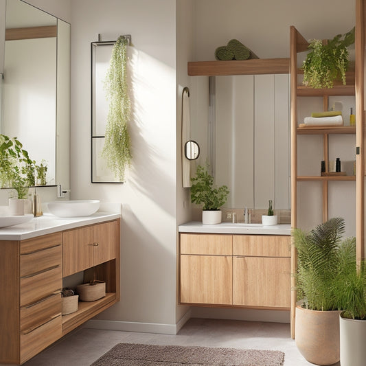 A sleek, modern bathroom featuring modular cabinets with open shelves, showcasing neatly arranged towels and decorative plants. Soft lighting highlights the warm wood tones and minimalist design, creating an inviting and organized space.