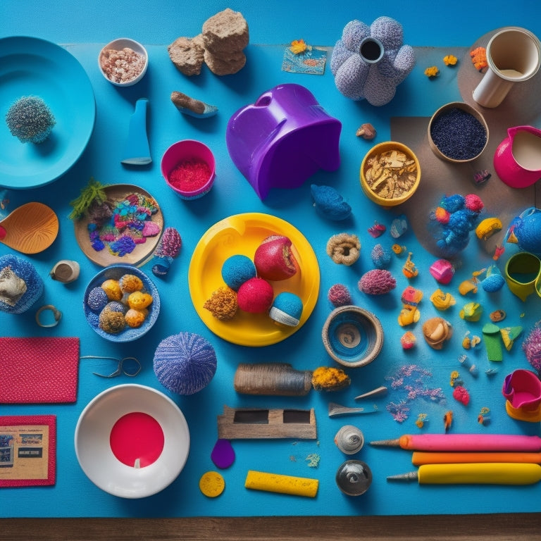 A colorful, cluttered table with various shapes, sizes, and textures of objects, surrounded by curious children of diverse ages and abilities, eagerly categorizing and grouping items.