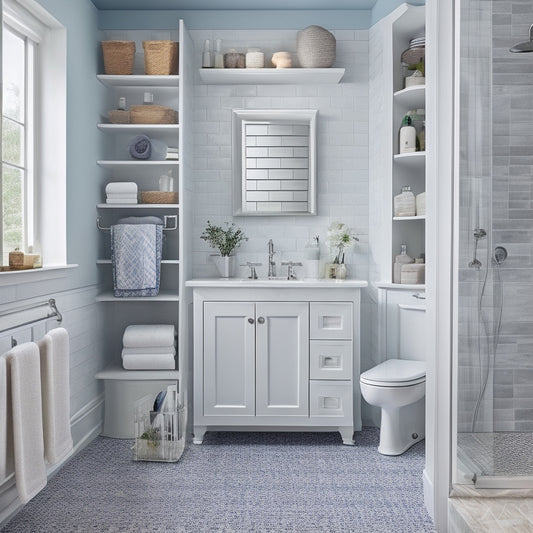 A clutter-free bathroom with a wall-mounted cabinet featuring pull-out baskets, a pedestal sink with a slide-out drawer, and a shower caddy with hanging storage compartments.