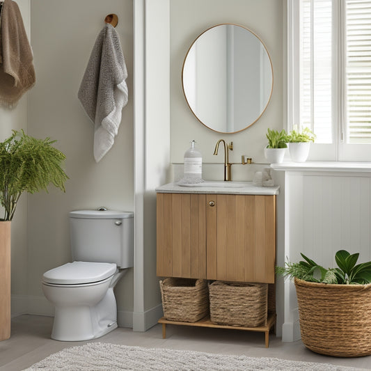A serene bathroom with a wall-mounted cabinet, woven baskets, and a pedestal sink, featuring a few rolled towels, a potted plant, and a minimalist countertop.