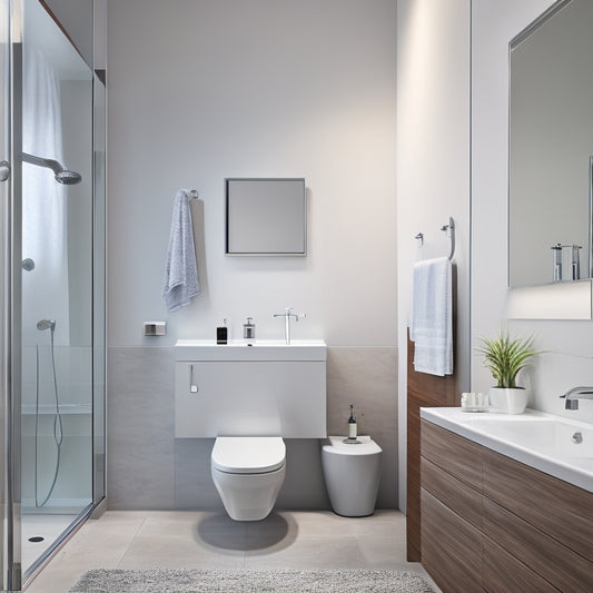 A modern, minimalist bathroom with a sleek, wall-mounted shower sink combo in a polished chrome finish, paired with a compact, one-piece toilet and a small, rectangular mirror above.