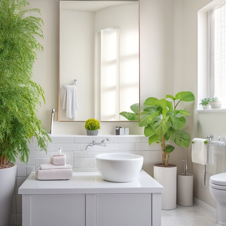 A sparkling clean bathroom with a minimalist aesthetic, featuring a gleaming white sink, toilet, and shower, surrounded by neatly organized cleaning supplies and a few strategically placed green plants.