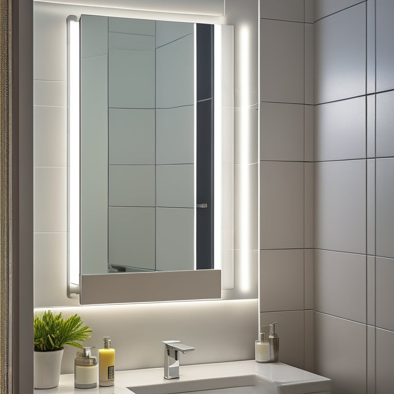 A close-up of a bathroom wall with a recessed medicine cabinet installed, partially open to reveal a mirrored interior, surrounded by sleek white tiles and a subtle LED light strip.