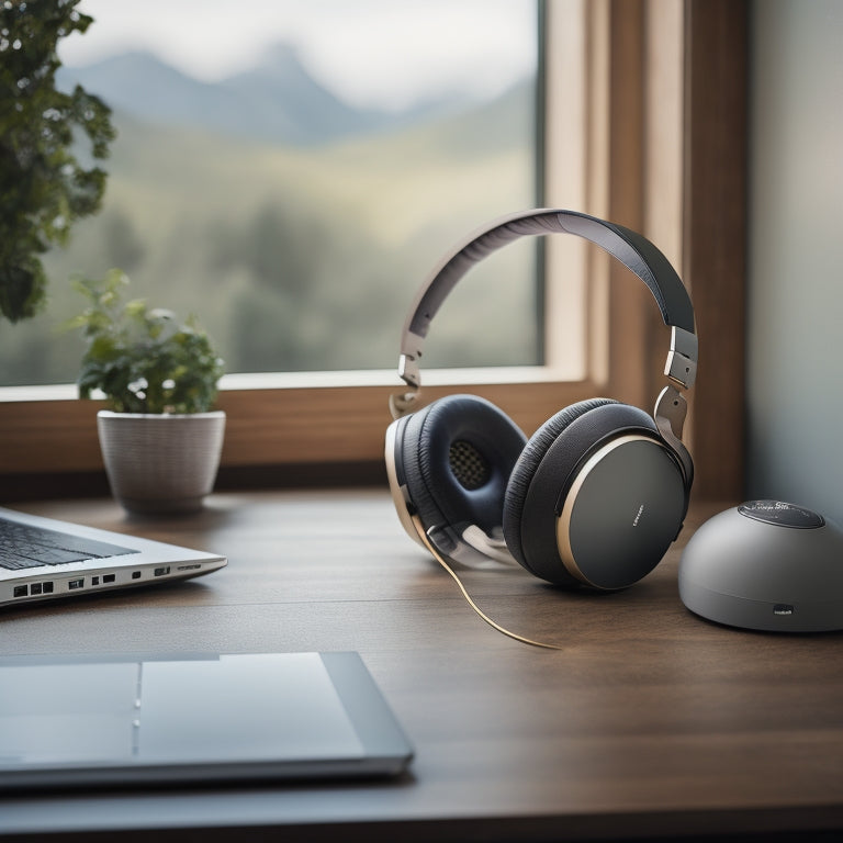 A serene background with a minimalist desk, a pair of headphones, a laptop open to a podcast editing software, and a subtle wave motif to evoke a sense of ease and fluidity.