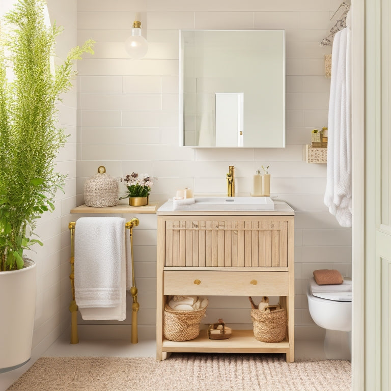 A serene small bathroom with a wall-mounted sink, a pedestal beneath it, and a mirrored cabinet above, surrounded by sleek, minimalist shelves and woven storage baskets in a calming white and beige palette.