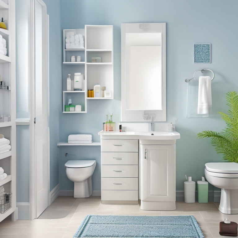 A bright, modern bathroom with a wall-mounted cabinet, a pedestal sink with a slide-out drawer, a tidy toilet caddy, and a shower caddy with organized toiletries and towels.