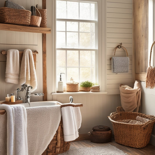 A cozy rustic bathroom featuring reclaimed wood shelves with decorative baskets, vintage hooks for towels, and a small ladder for extra storage, surrounded by soft natural light filtering through a frosted window.