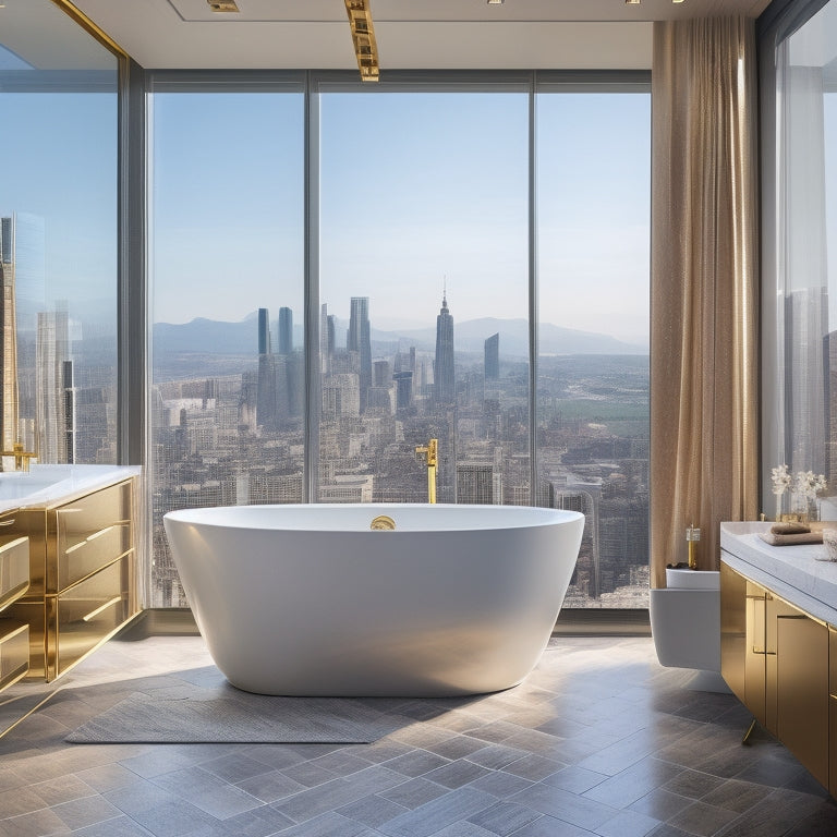 A luxurious bathroom design with a gold-accented hexagonal tile backsplash, freestanding tub, and a floor-to-ceiling window with a cityscape view, surrounded by sleek, minimalist fixtures and furniture.