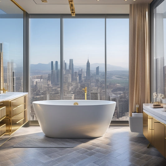 A luxurious bathroom design with a gold-accented hexagonal tile backsplash, freestanding tub, and a floor-to-ceiling window with a cityscape view, surrounded by sleek, minimalist fixtures and furniture.