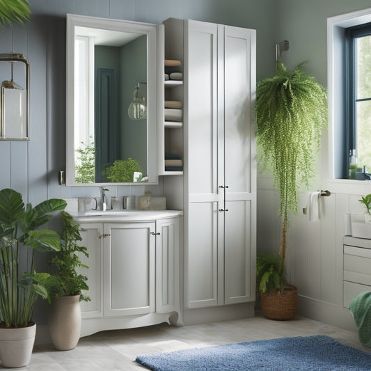 A serene bathroom with a wall-mounted cabinet in a soft, matte finish, featuring multiple compartments, glass shelves, and a mirrored door, surrounded by fluffy towels and a few decorative plants.