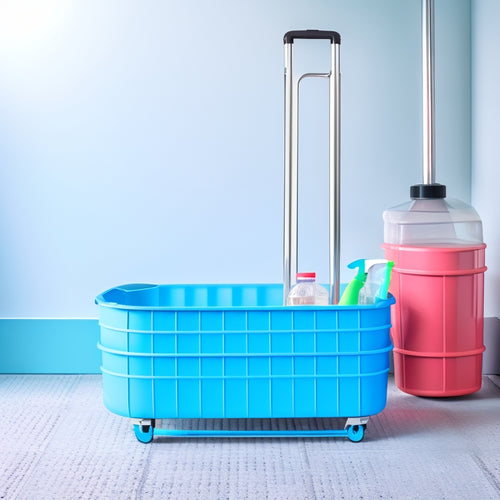 A tidy, organized cleaning supply cart with a few bottles and sprayers, a mop, and a dustpan, set against a bright, clean, and minimalist background with a few subtle hints of a sparkling floor.