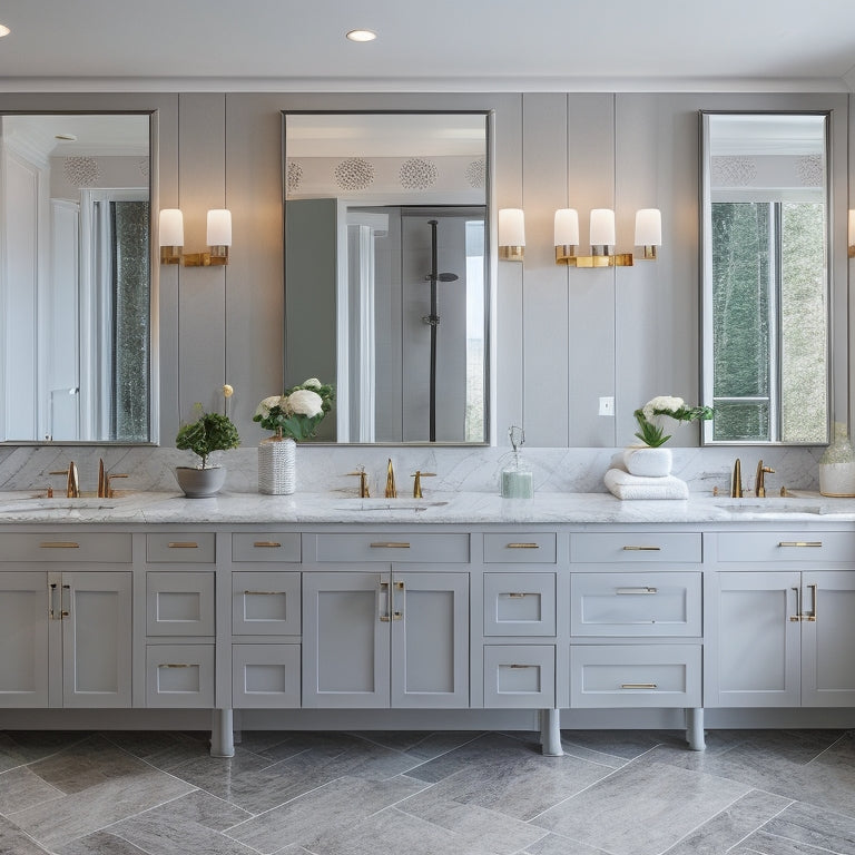 A modern bathroom with three wall cabinets featuring built-in mirrors in different shapes and sizes, surrounded by sleek fixtures, marble countertops, and a freestanding tub.