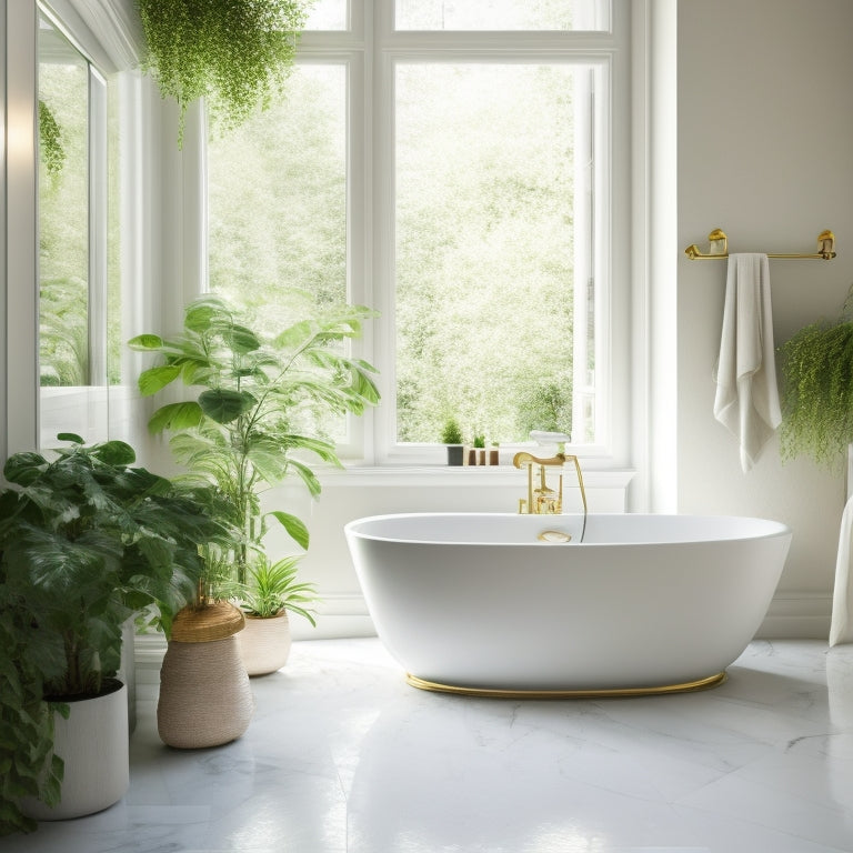 A serene white bathroom with a freestanding tub, surrounded by lush greenery, soft natural light, and sleek marble flooring, adorned with a few modern decorative accents in metallic tones.