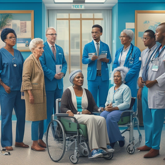 An illustration depicting a diverse group of patients, healthcare providers, and staff from various racial, ethnic, and age backgrounds gathered in a hospital waiting room, surrounded by symbols of accessibility and inclusivity.