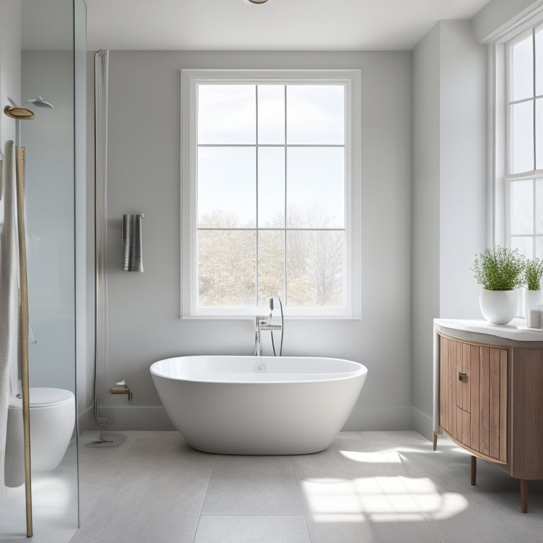 A serene bathroom scene featuring a freestanding tub centered beneath a large window, surrounded by sleek grey floors, crisp white walls, and a minimalist floating vanity with a delicate pendant light above.