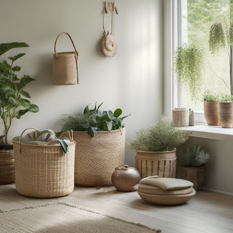 A serene, minimalist room with a few, carefully placed wicker baskets in natural hues, holding neatly organized items, surrounded by empty space and plenty of natural light, with a few green plants.