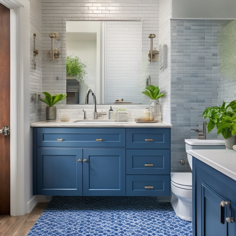 A bright, modern half bathroom with cream-colored walls, dark wood cabinets, and a sleek white sink, featuring a stunning mosaic tile backsplash in shades of blue and green.