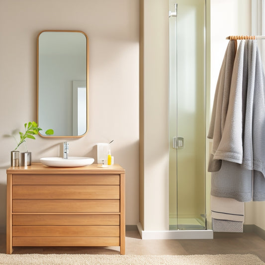 A sleek, modern bathroom with a corner towel storage unit featuring three shelves, a woven basket, and a chrome towel bar, surrounded by a minimalist sink and a large mirror.