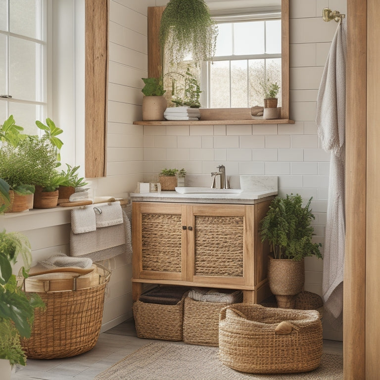 A serene bathroom interior with a drawer unit made from reclaimed wood, adorned with natural woven baskets and a few potted plants, surrounded by soft, warm lighting and a calming color palette.