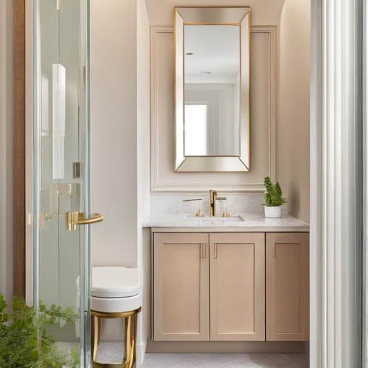 A sleek, modern powder room with a wall-mounted cabinet featuring soft-close doors, recessed handles, and a mirrored front, surrounded by a calming neutral color palette and elegant fixtures.