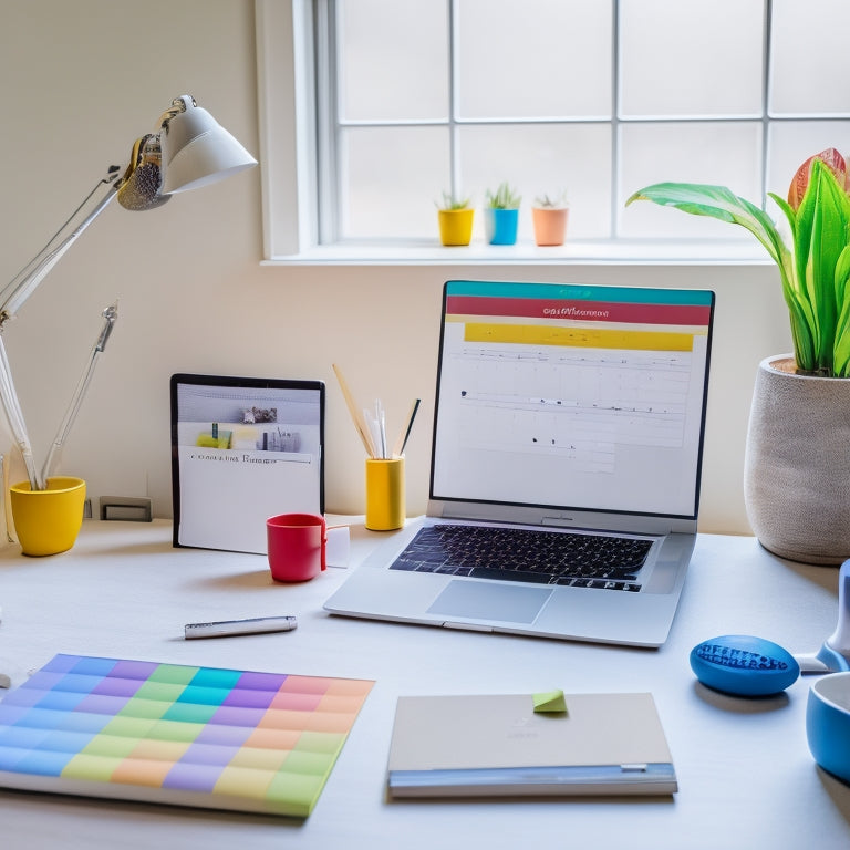 A colorful, minimalist desk setup with a laptop, a few colorful pens, and a blank calendar printout, surrounded by inspirational quotes and motivational sticky notes, with a subtle hint of natural light.