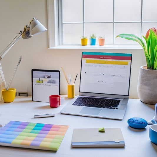 A colorful, minimalist desk setup with a laptop, a few colorful pens, and a blank calendar printout, surrounded by inspirational quotes and motivational sticky notes, with a subtle hint of natural light.
