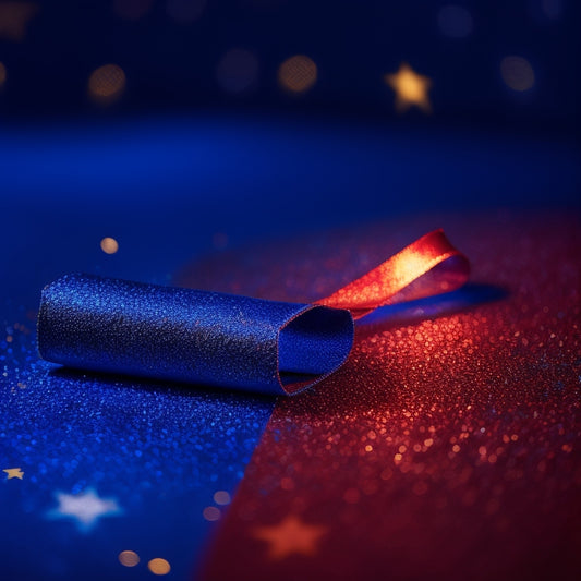 A bright, golden ticket with a bold, red ribbon tied around it, set against a dark blue background with subtle, shimmering stars and a hint of confetti.