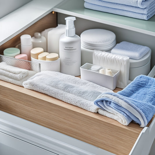 A tidy, white bathroom drawer with soft-close glides, containing a stack of neatly folded towels, a tray of rolled washcloths, and a tiered insert holding skincare products and toiletries.