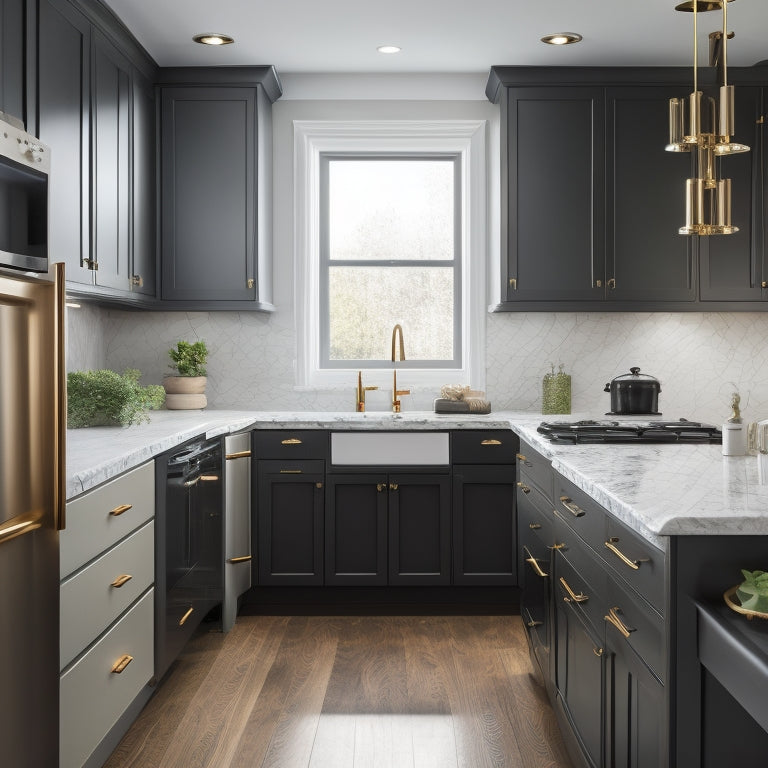 A stylish, modern kitchen with sleek, white cabinets, adorned with matte black, hexagonal knobs and long, bronze handles, set against a warm, beige backsplash and rich, dark hardwood floors.