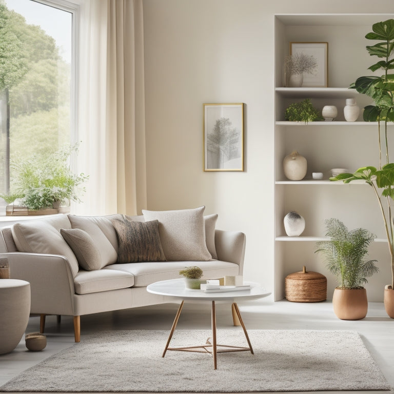 A serene, minimalist living room with creamy walls, a plush area rug, and a few, carefully placed, sleek, white shelves holding a few, carefully curated decorative objects, amidst lush greenery.